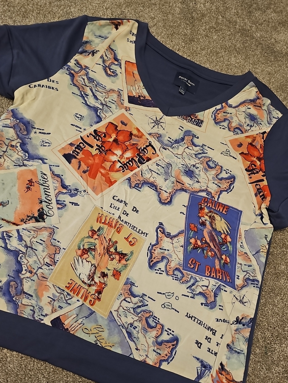 J2🔹️💛Peter Som Navy, Cream & Orange Island-Map V-Neck Tee